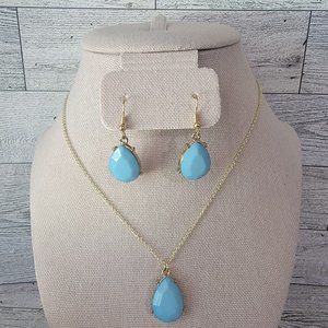 NEW | Gold and Blue Tear Drop Fashion Earring and Dainty Necklace Jewelry Set